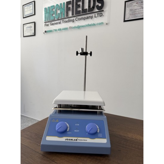 HS-19 5L Magnetic Hotplate Stirrer: Heating and stirring, speed 0-1600 rpm, temperature room temp to 380 C, 19X19 cm ceramic heating plate, Joan Lab.