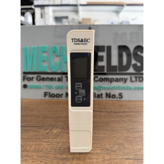  E-1 EC TDS Temp Meter: Conductivity 0-9999 us per cm, TDS 0-9999 ppm, Resolution 1 us per cm and 1 ppm, Accuracy plus minus 2 percent, automatic calibration, temperature 0-60.0 C, Joan Lab.