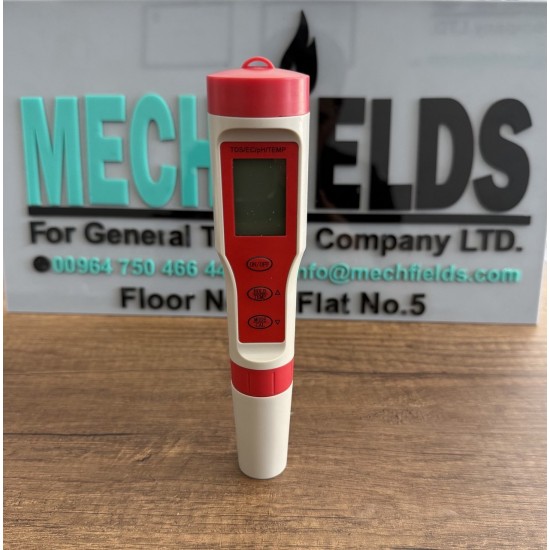 4-in-1 pH TDS EC Temp Multi Meter: Range pH 0.00-14.00, EC 0-19990 us per cm and 0-19.9 ms per cm, TDS 0-19990 ppm, temperature 0 C to 50 C, Joan Lab.