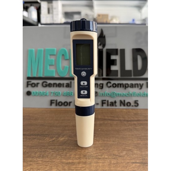 Multi meter 5 in 1 Accuracy: pH±0.03 pH EC TDS±2％F.C Temperature ±1.0°C Battery: 3×1.5 V (AG-13) Temperature compensation: 0°C - 50°C Working temperature: 0°C - 50°C Joan Lab