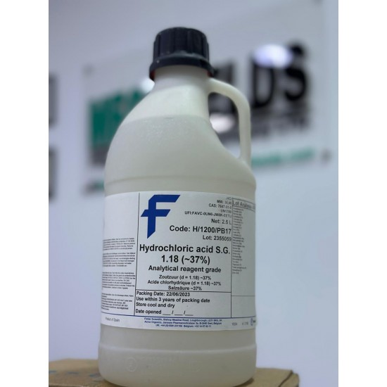 Hydrochloric acid (HCl) S.G. 1.18 , 37%, 2.5 Lt. Thermo Fisher Code: H/1200/PB17
