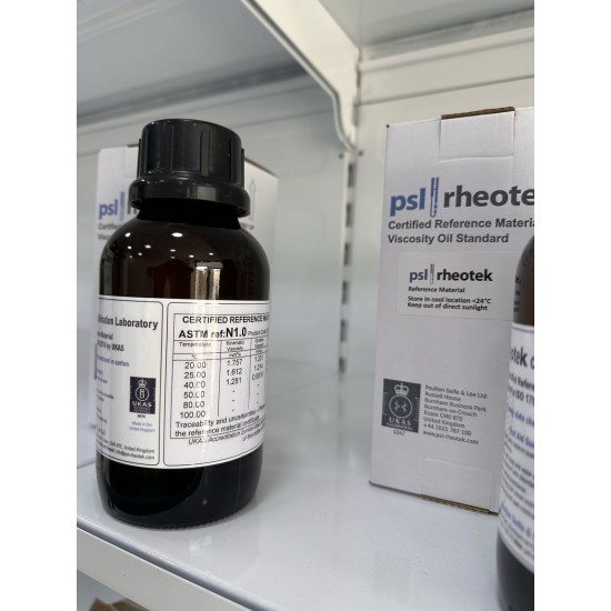 N1.0 Viscosity Standard (for research 1 only) in 500mL container. ASTM D445/6, ISO 3104/5. Supplied complete with UKAS (ISO 17025)